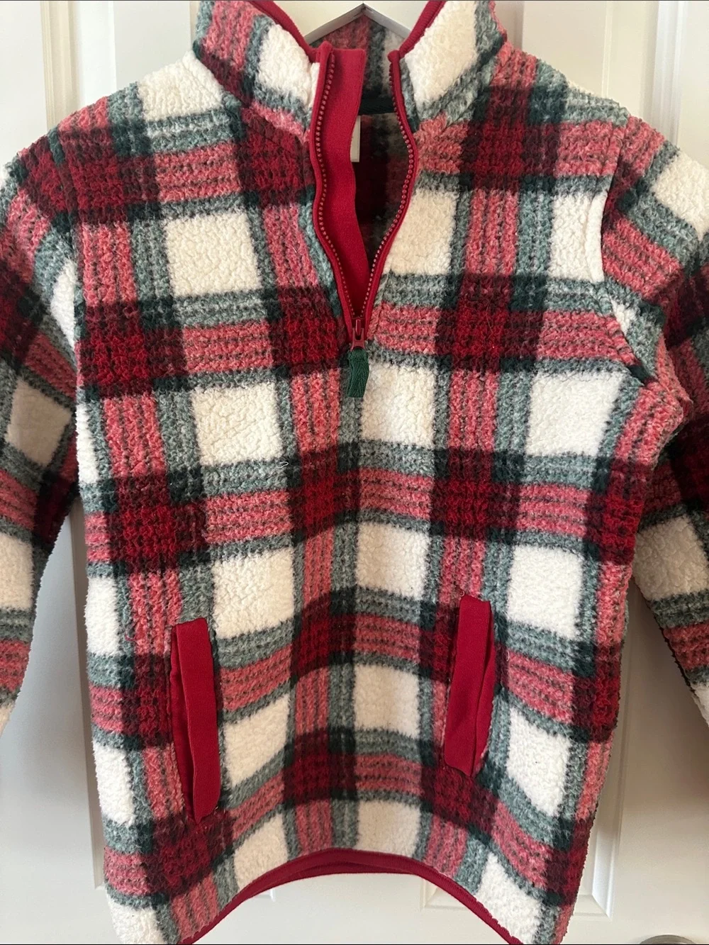Gymboree Red, Green & White Plaid Quarter-Zip Sherpa Pullover